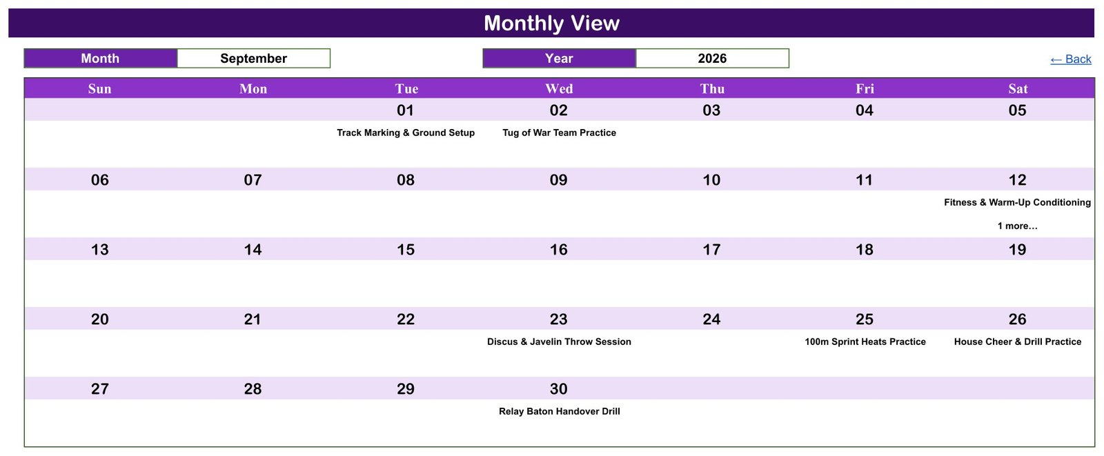 Monthly View of the sports day practice schedule