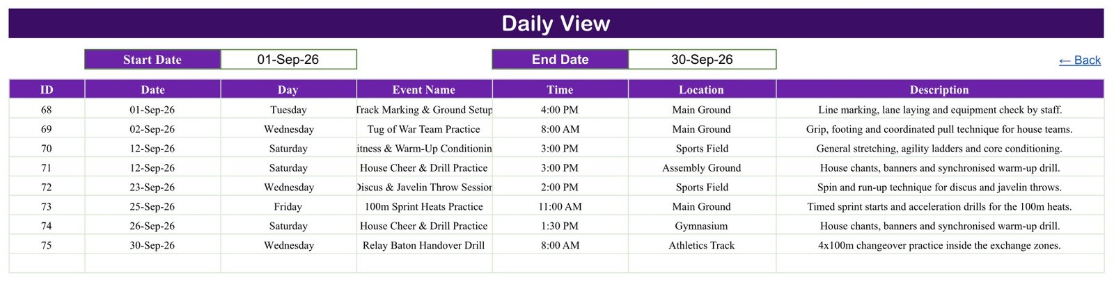 Daily View listing sports day practice sessions by date range