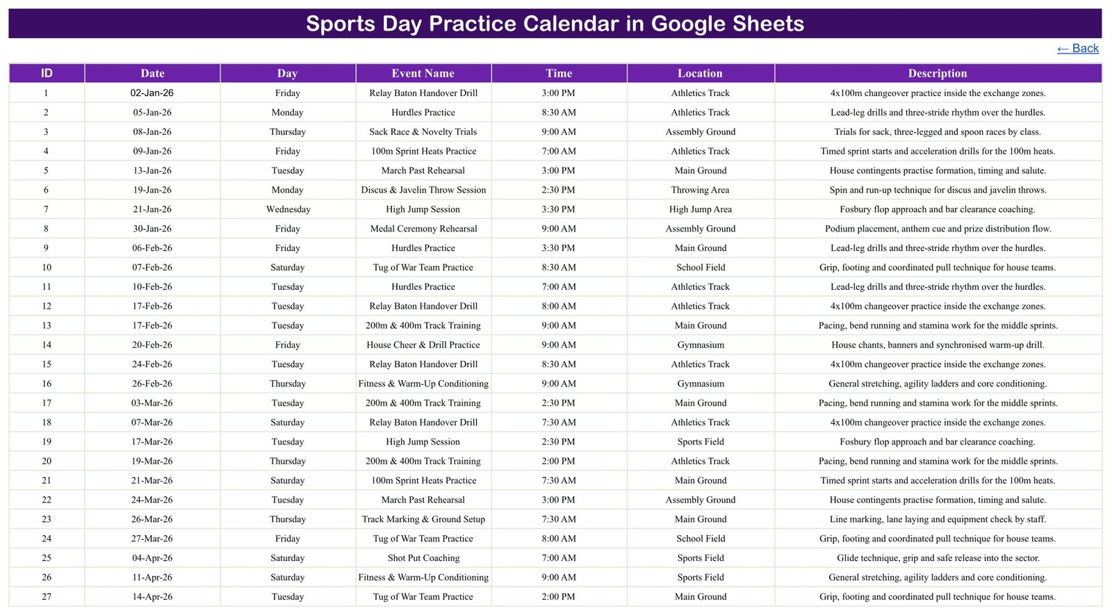 Events list of the sports day practice calendar
