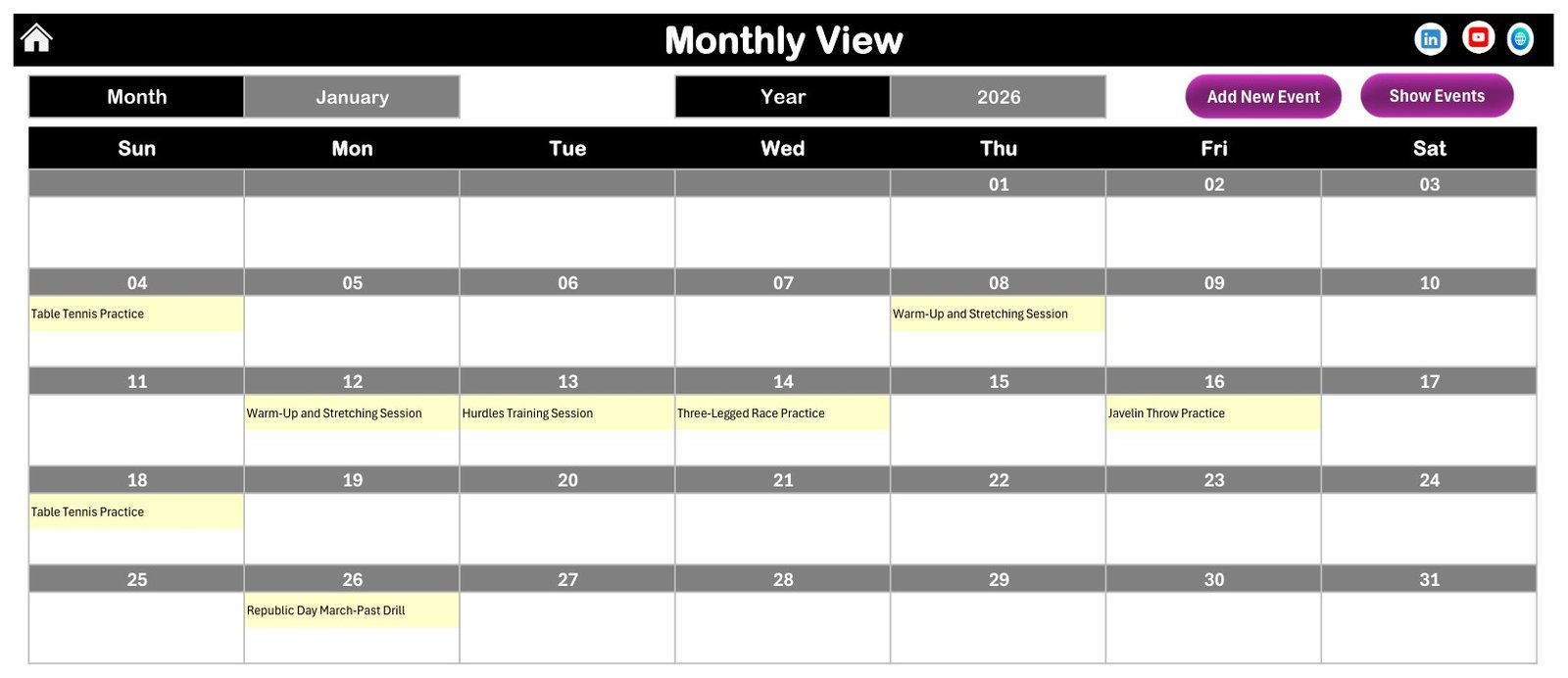 Monthly View grid of school sports day practice sessions for January 2026