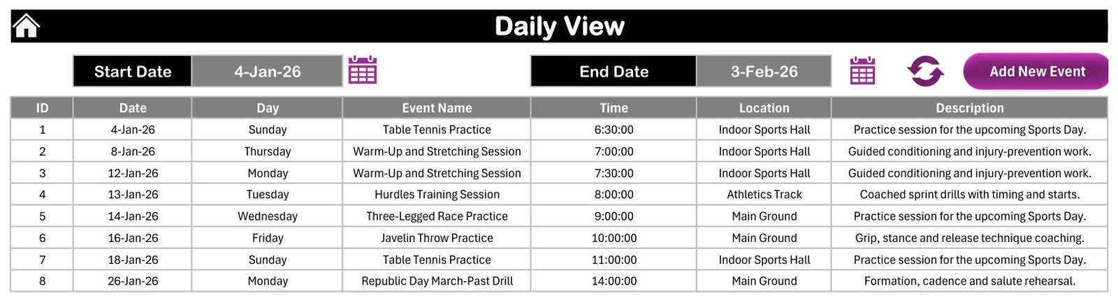 Daily View list of practice sessions with time, location and description