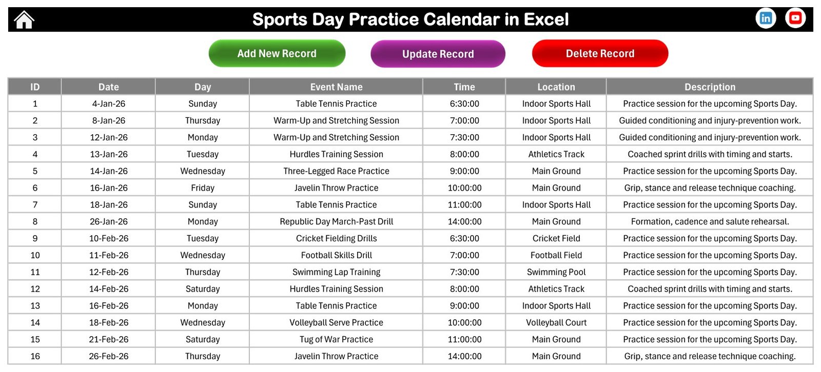 Events table with Add New Record, Update Record and Delete Record buttons