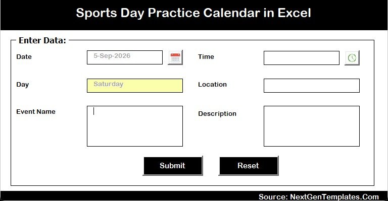 Practice session entry form with date picker and time picker