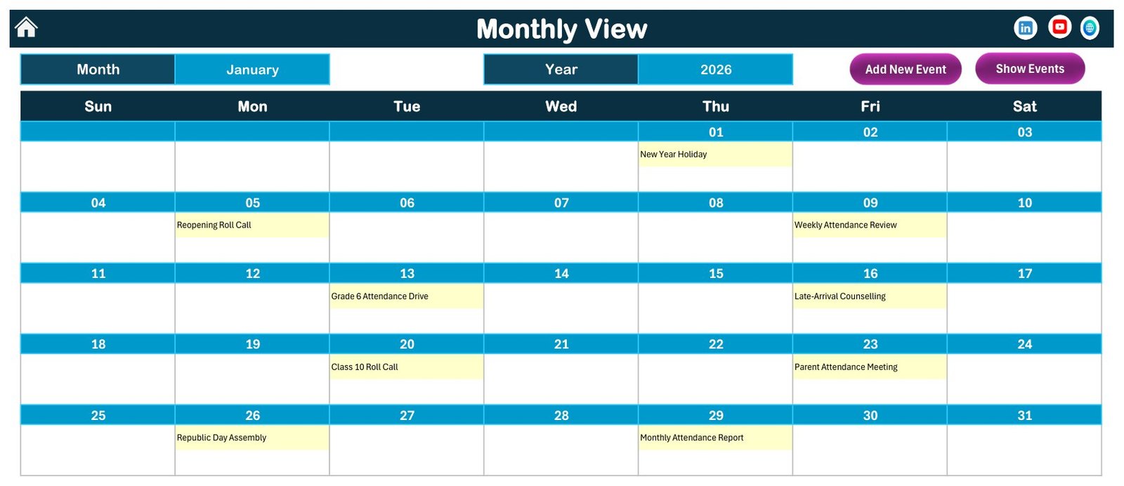 Monthly view in the Excel attendance calendar template