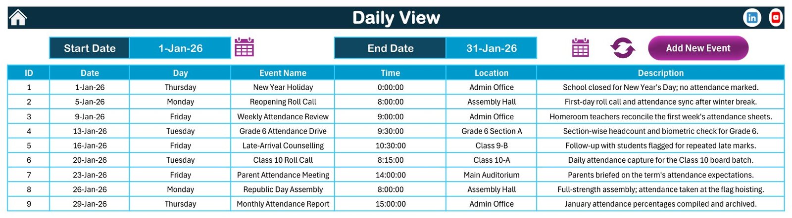 Daily view with attendance event detail rows