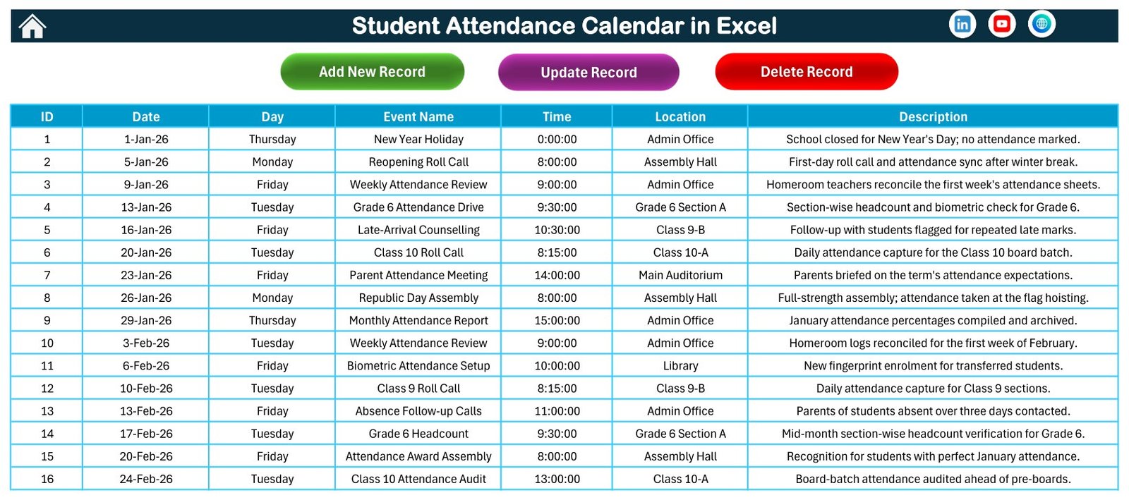 Events database sheet in the school attendance calendar