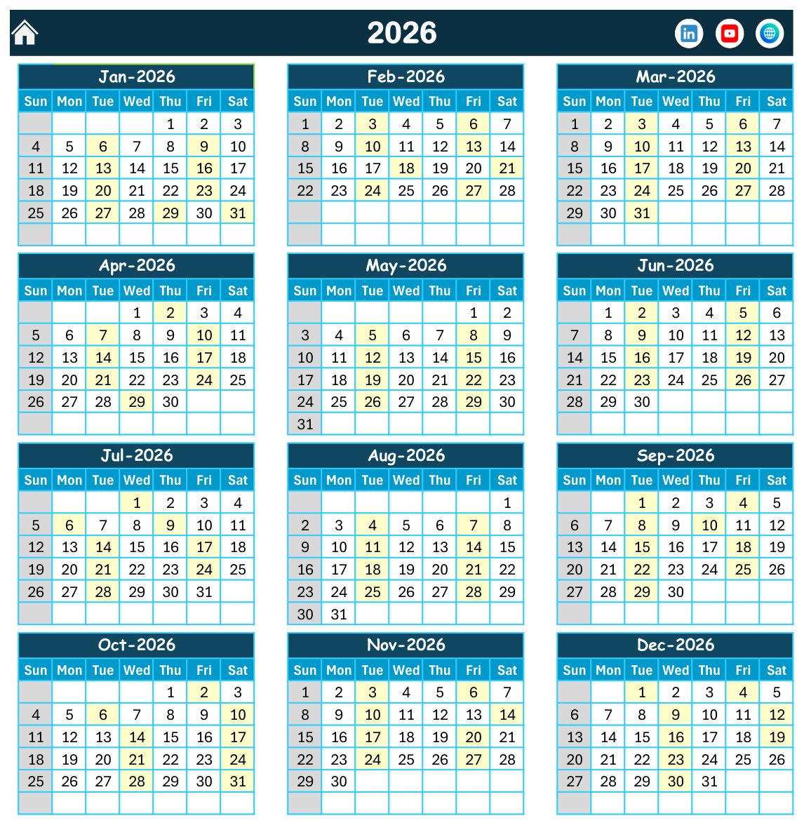 Annual View of the student counselling calendar for 2026