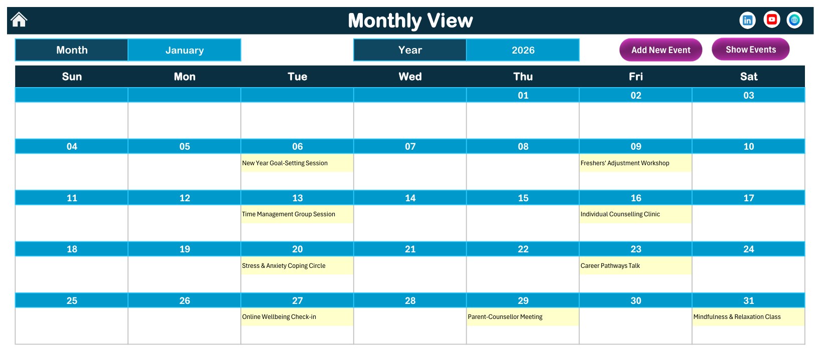 Monthly View of January 2026 counselling sessions in Excel