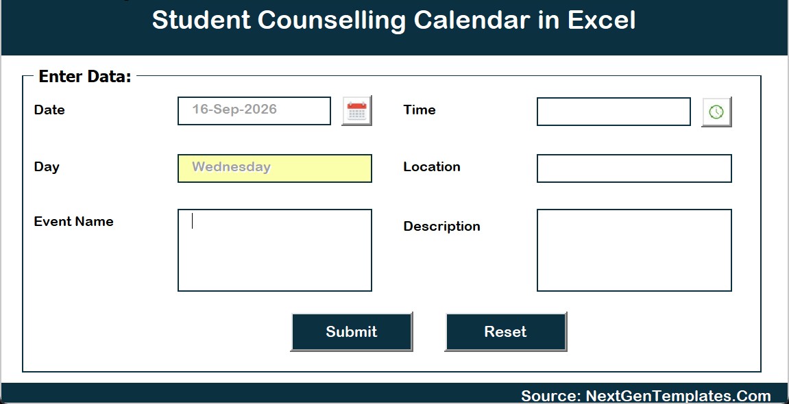Add New Event form with date and time pickers