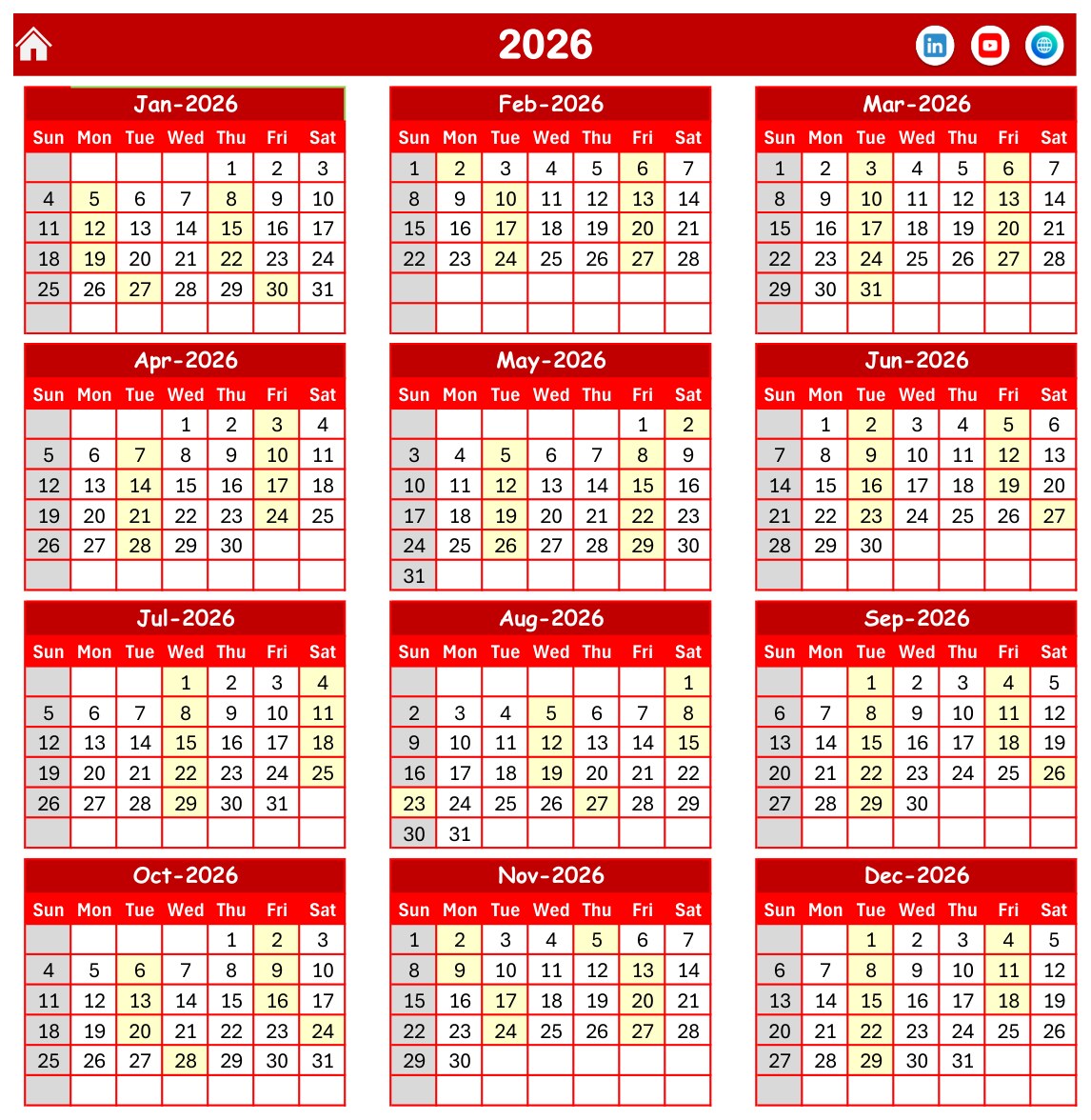 Study Abroad Deadline Calendar in Excel annual view