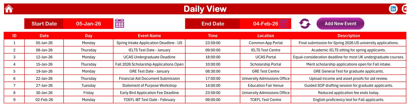 Study Abroad Deadline Calendar in Excel daily view