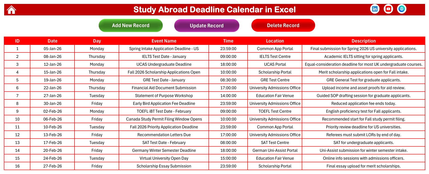 Study Abroad Deadline Calendar in Excel events sheet