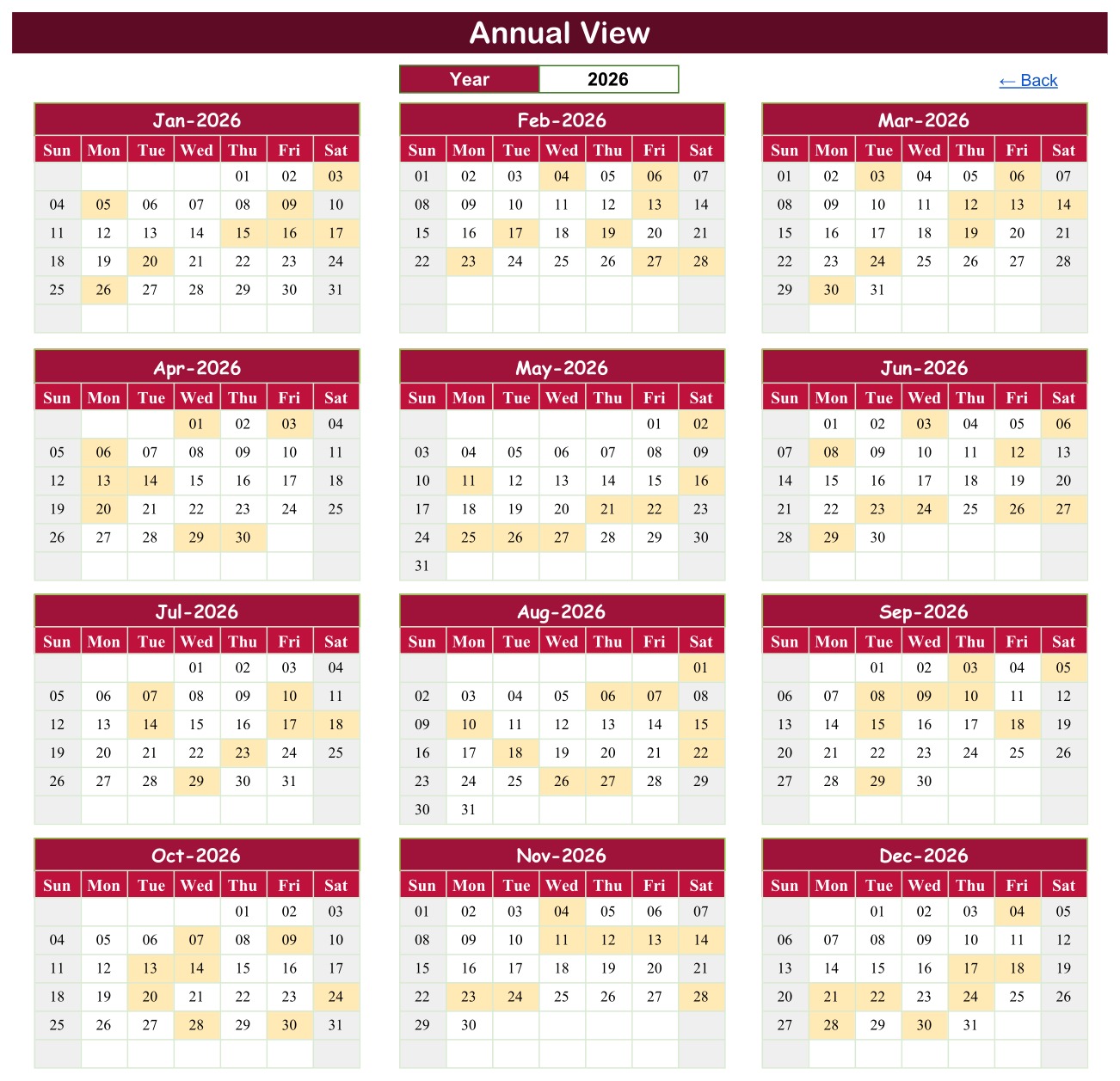 Study Abroad Deadline Calendar in Google Sheets annual view