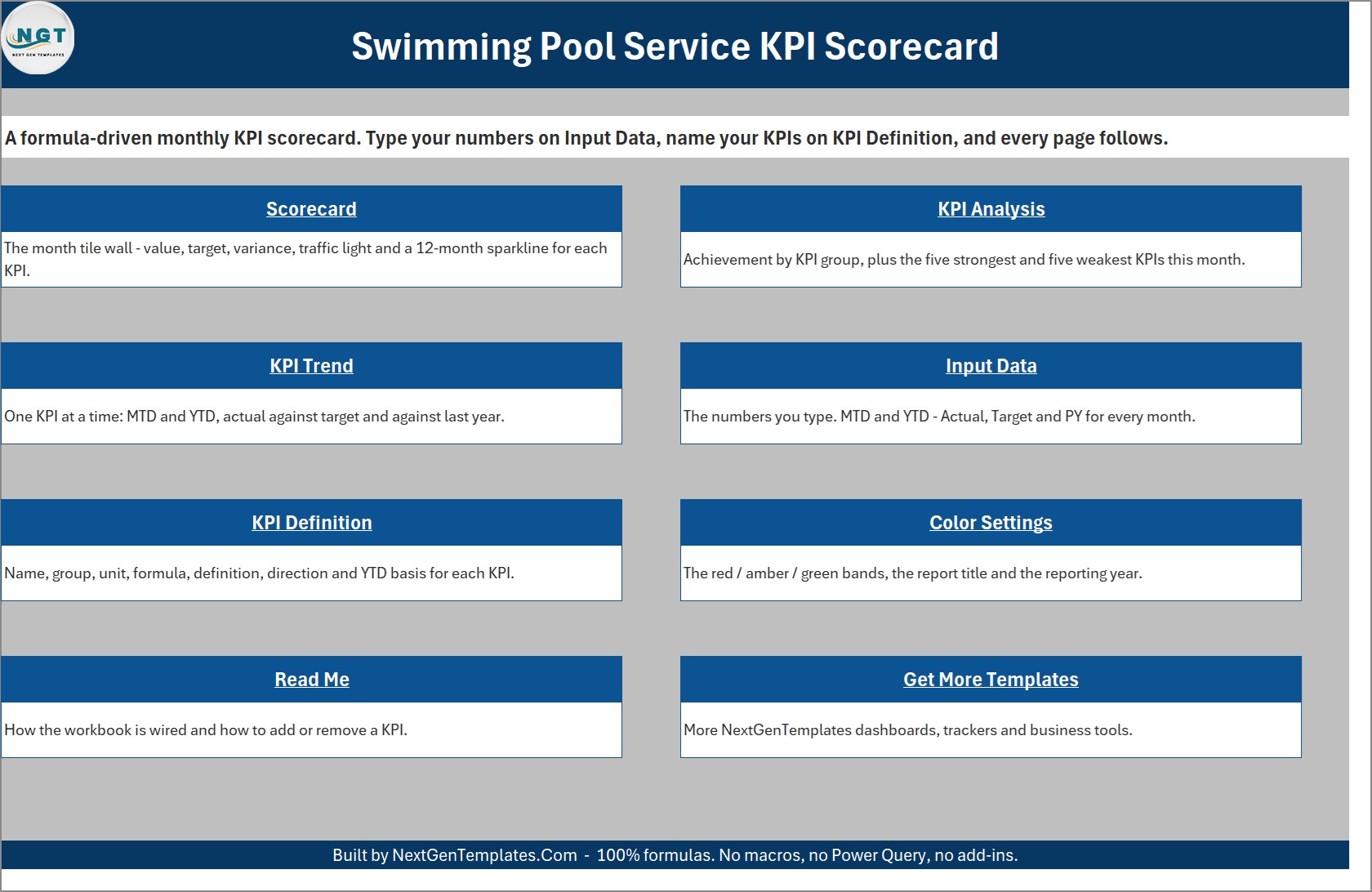 Swimming Pool Service KPI Scorecard in Excel - Home navigation page