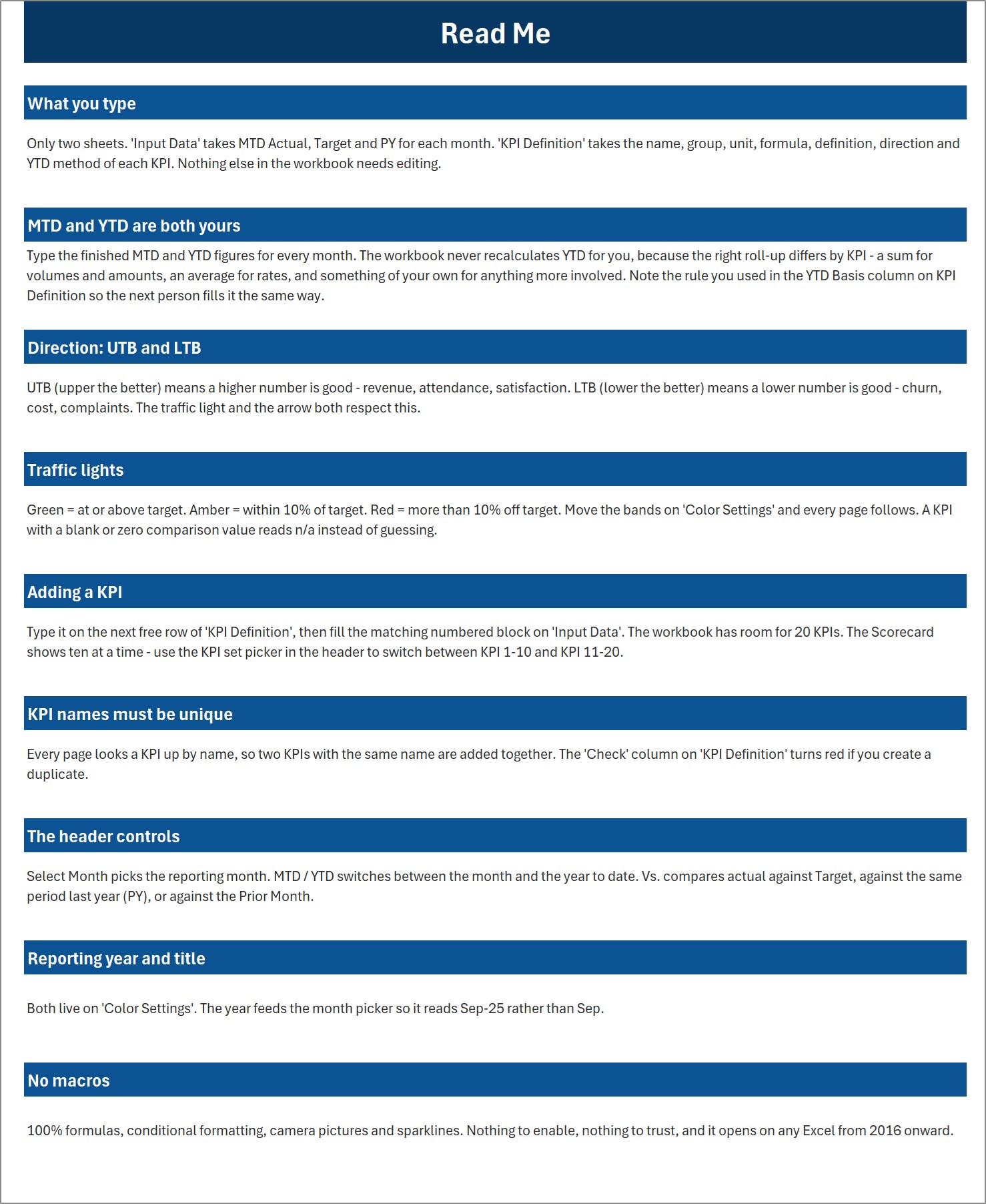 Read Me sheet - how the workbook is wired and how to add or remove a KPI