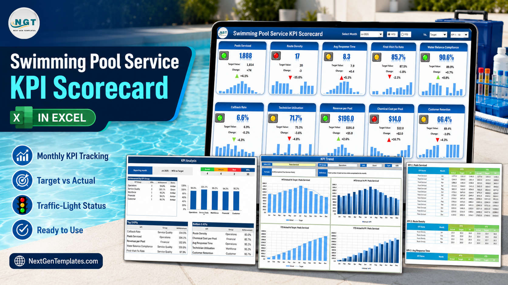 Swimming Pool Service KPI Scorecard in Excel - all four pages together