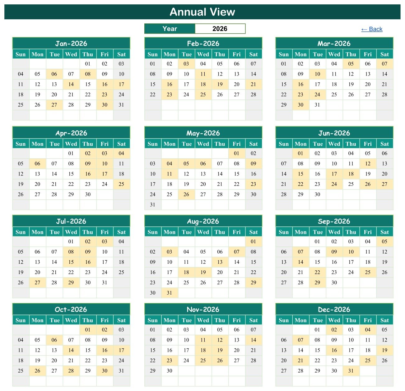 Syllabus planning calendar - Annual View with 12 month grids