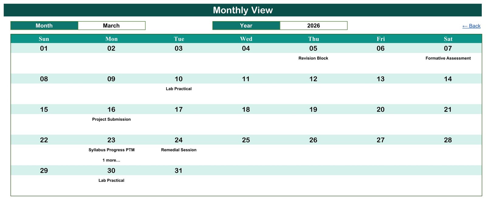 Syllabus planning calendar - Monthly View for March 2026