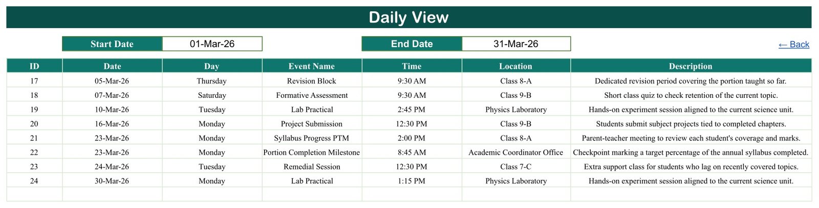Syllabus planning calendar - Daily View date range list