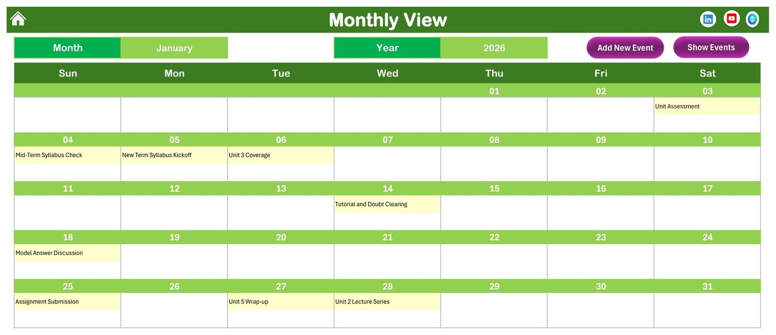 Syllabus Coverage Calendar in Excel monthly view