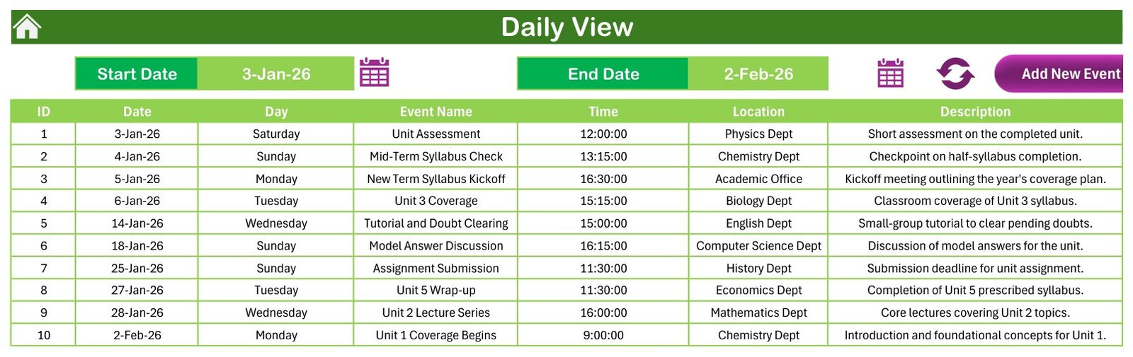Syllabus Coverage Calendar in Excel daily view