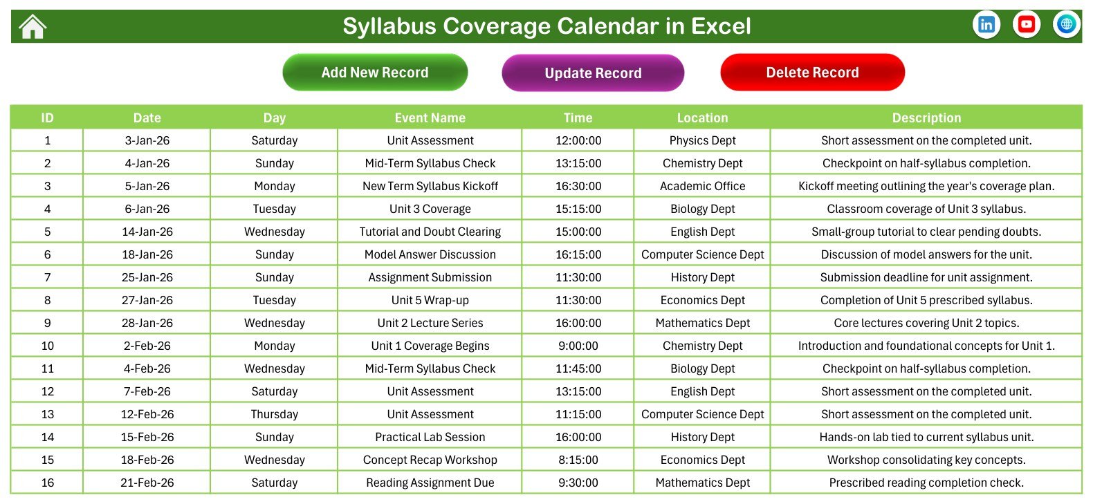 Syllabus Coverage Calendar in Excel events database