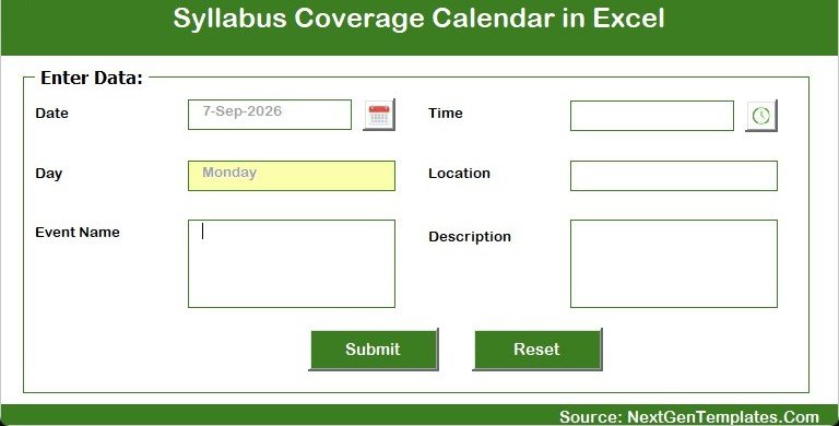 Syllabus Coverage Calendar in Excel add new event form