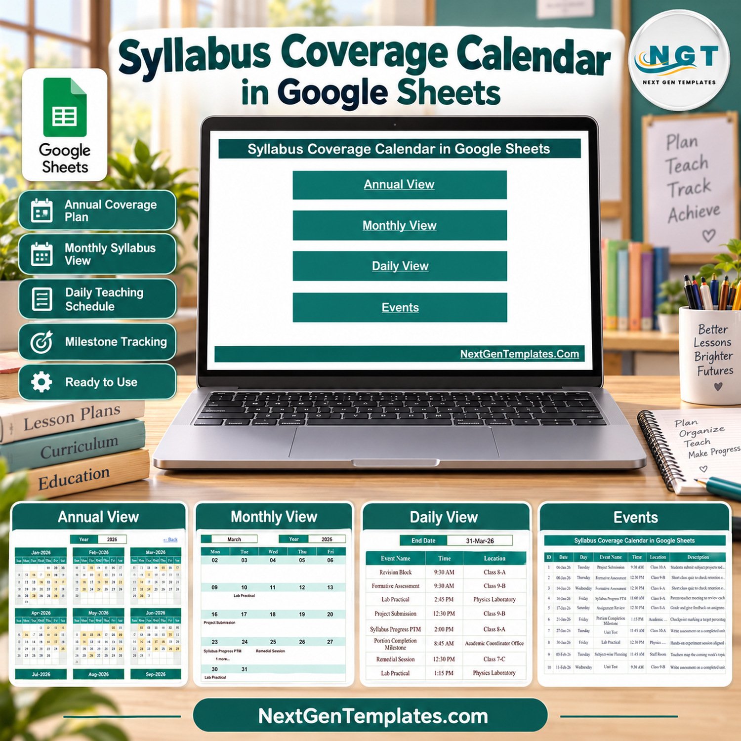 Syllabus Coverage Calendar in Google Sheets - Annual, Monthly, Daily and Events views
