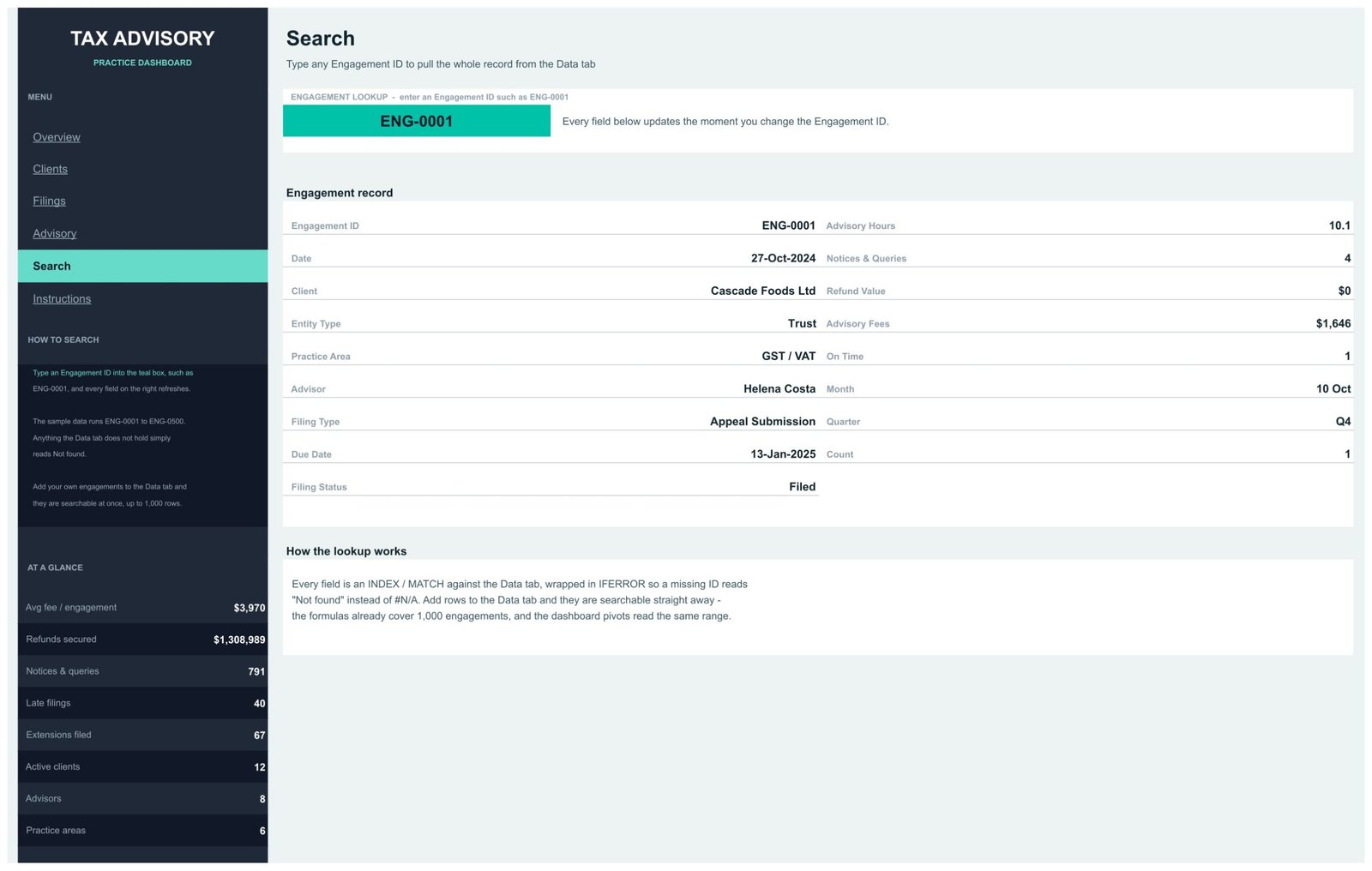 Tax Advisory Dashboard in Google Sheets - Search page