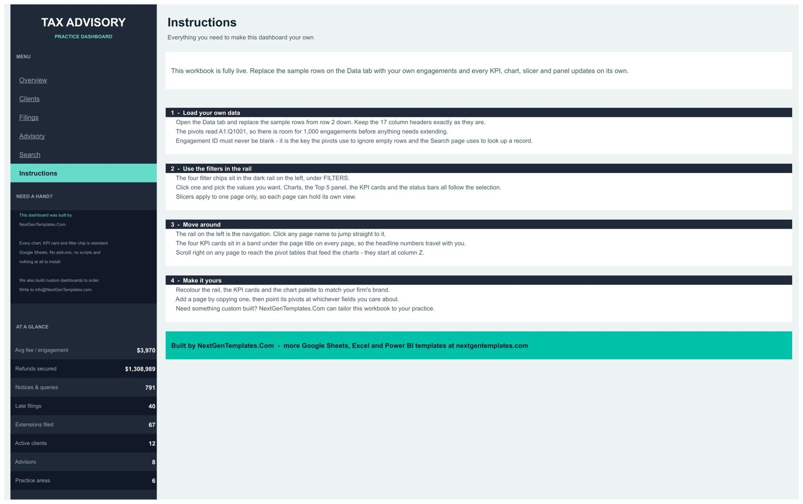 Tax Advisory Dashboard in Google Sheets - Instructions page