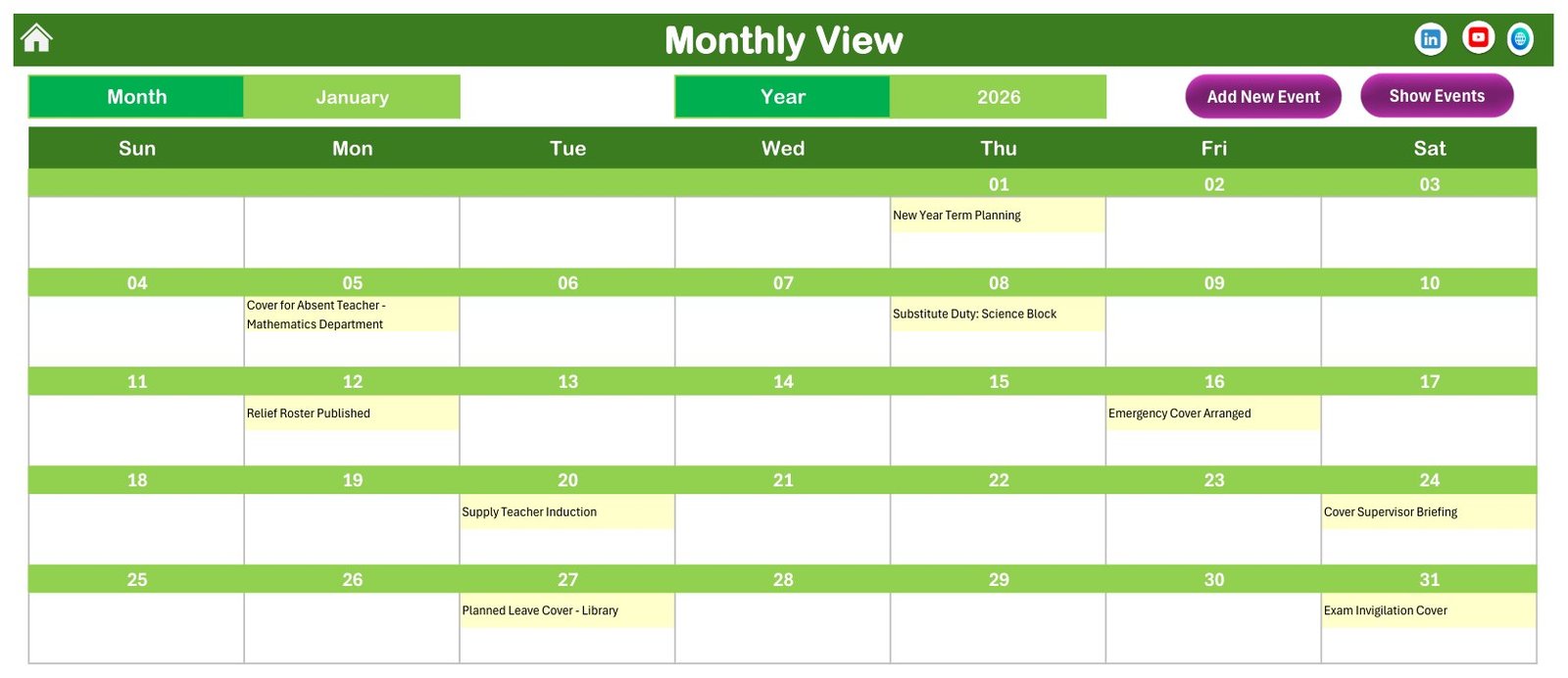 Monthly view for substitute teacher planning