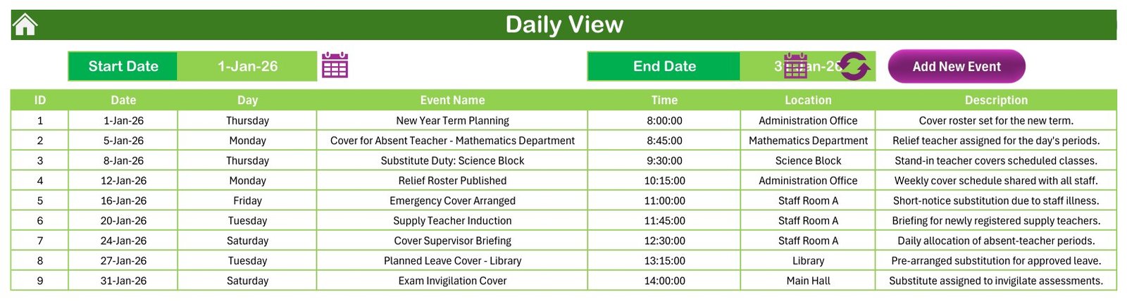 Teacher Substitution Calendar in Excel - Image 5