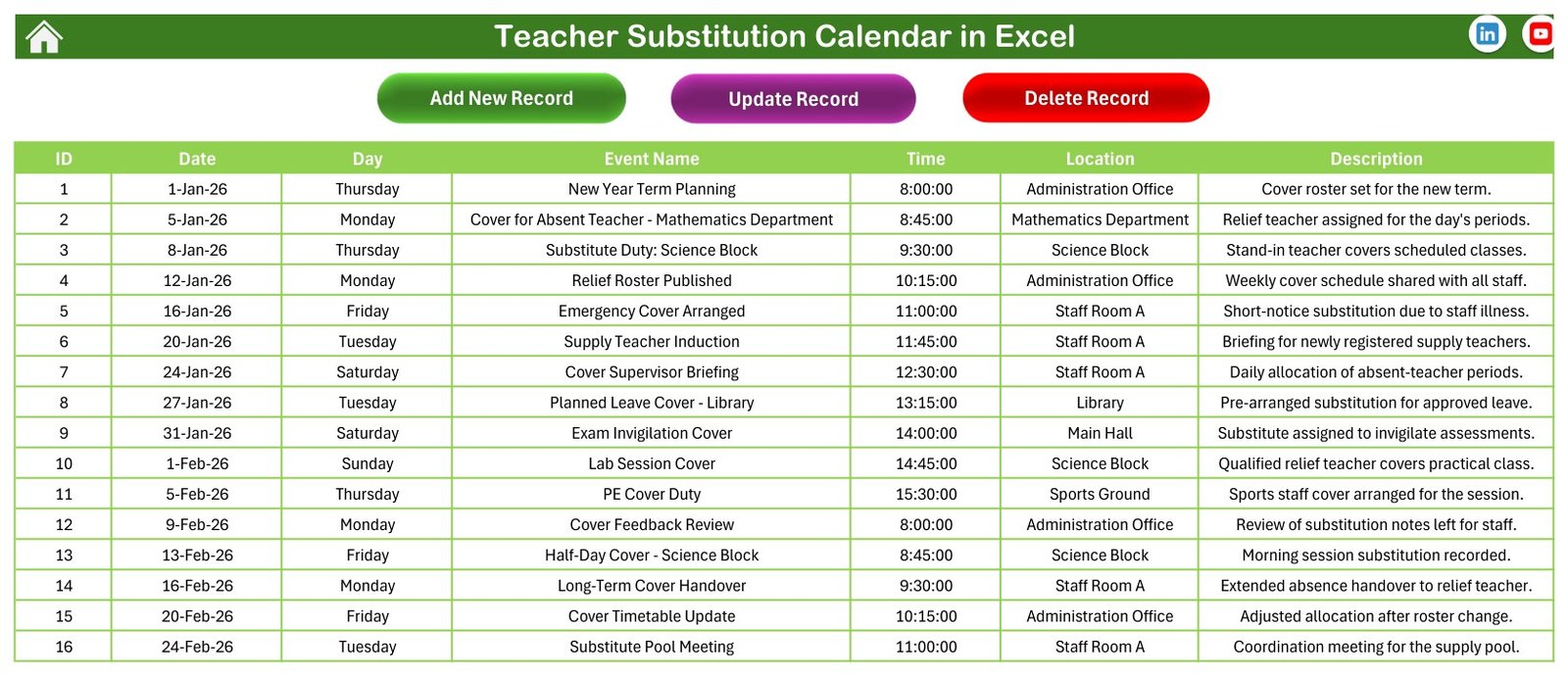This Month Summary in Teacher Substitution Calendar in Excel