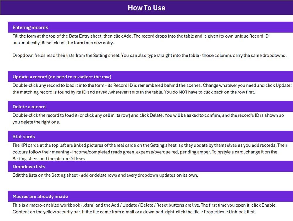 How To Use sheet explaining how to enter, update and delete records, the stat cards, dropdown lists and macro settings