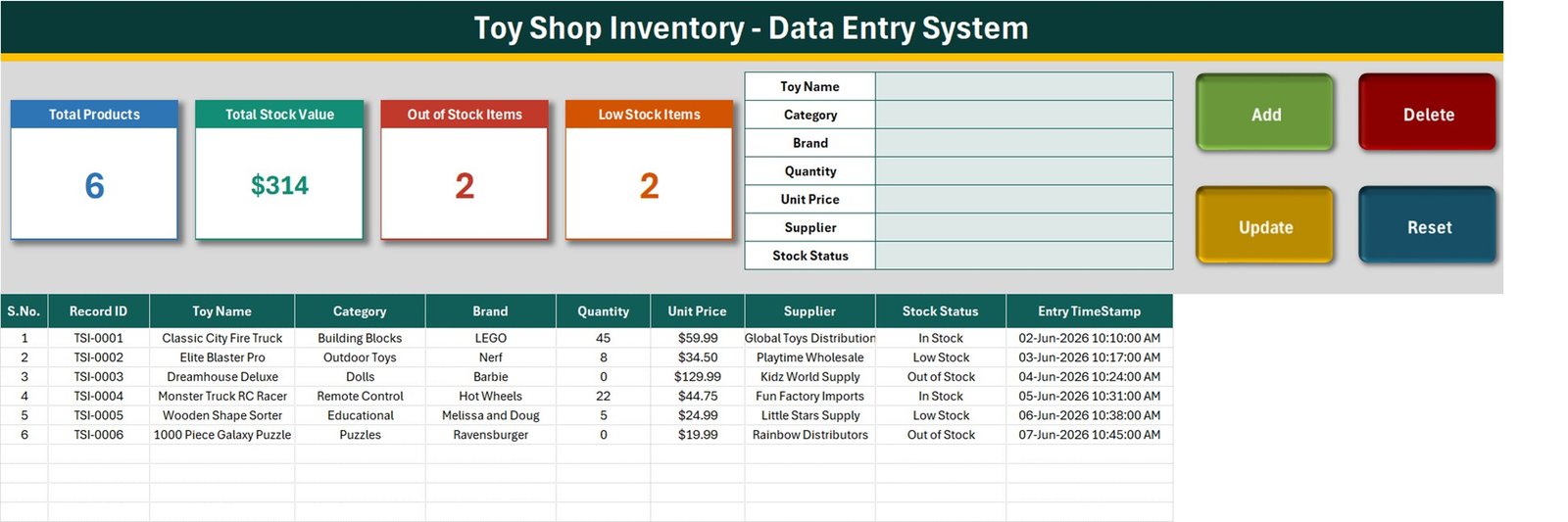 Toy Shop Inventory Data Entry System in Excel data entry interface