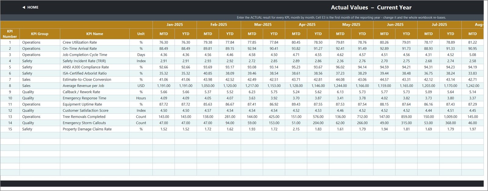 Tree Care Services KPI Dashboard - Actual values input sheet