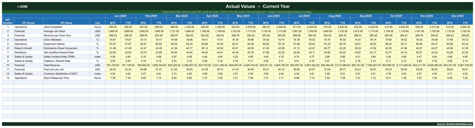 Actual values input sheet with twelve months of MTD and YTD cells