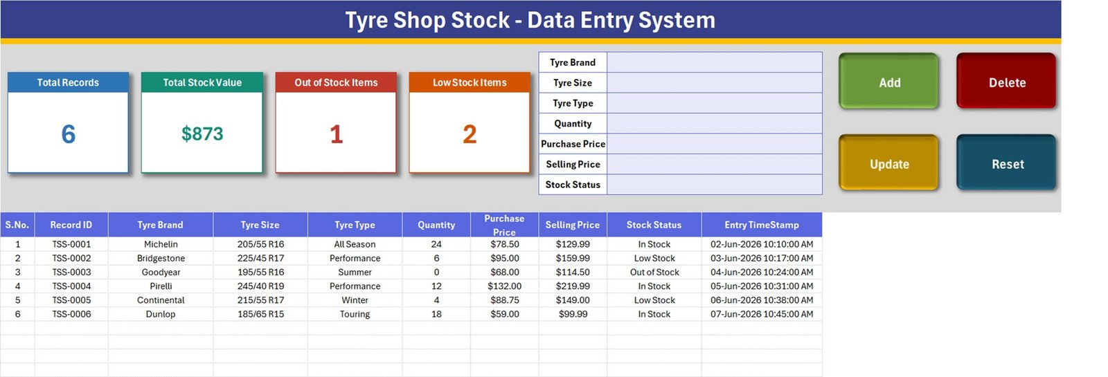 Tyre stock register in Excel - Data Entry sheet