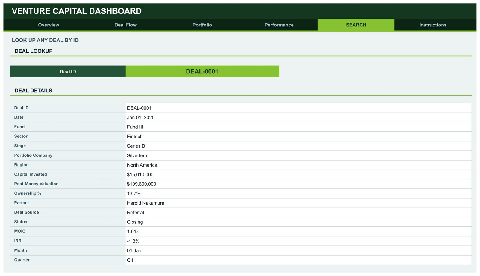 Venture Capital Dashboard deal lookup Search page