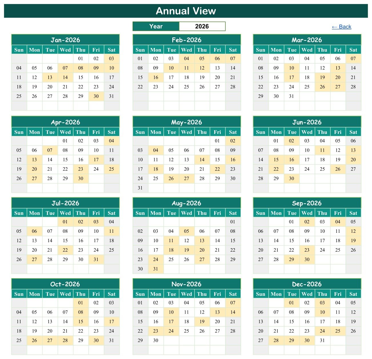 Annual View showing all twelve months of 2026 with booked days shaded