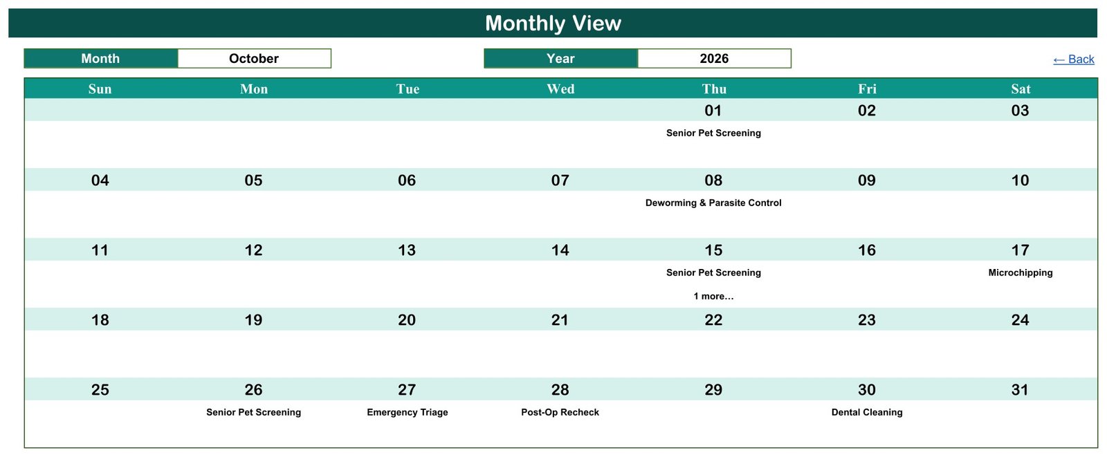 Monthly View of the Veterinary Clinic Calendar in Google Sheets showing October 2026 bookings on a Sun-to-Sat grid