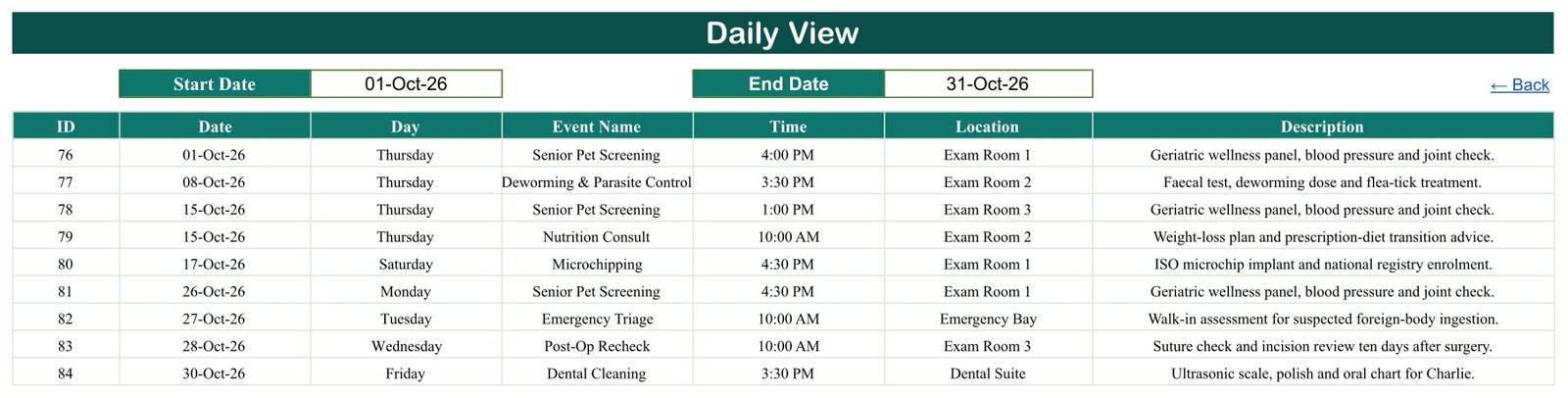 Daily View of the Veterinary Clinic Calendar in Google Sheets filtered to 01-Oct-26 through 31-Oct-26