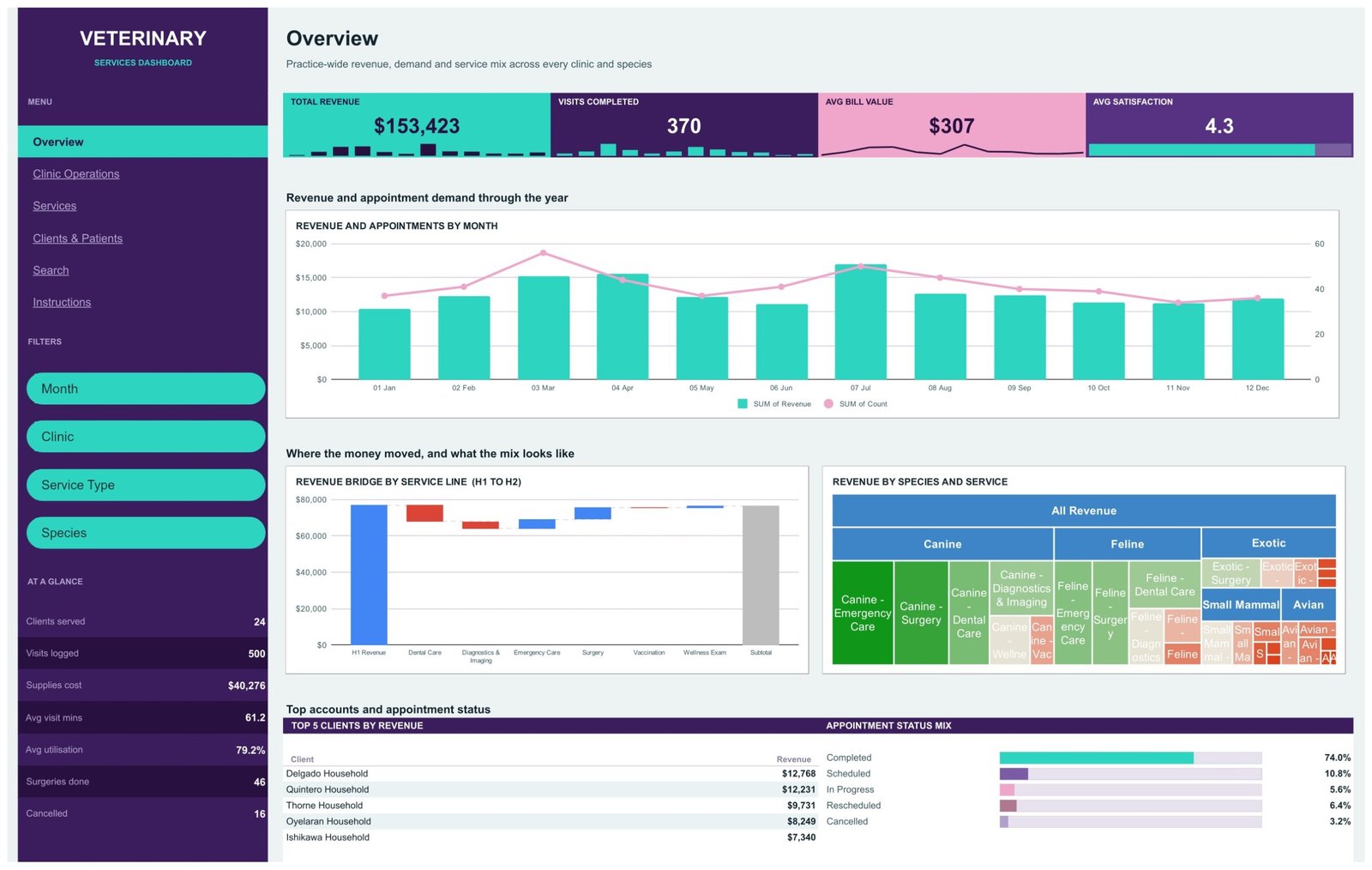 Veterinary Services Dashboard in Google Sheets Overview page showing revenue, visit demand and species mix