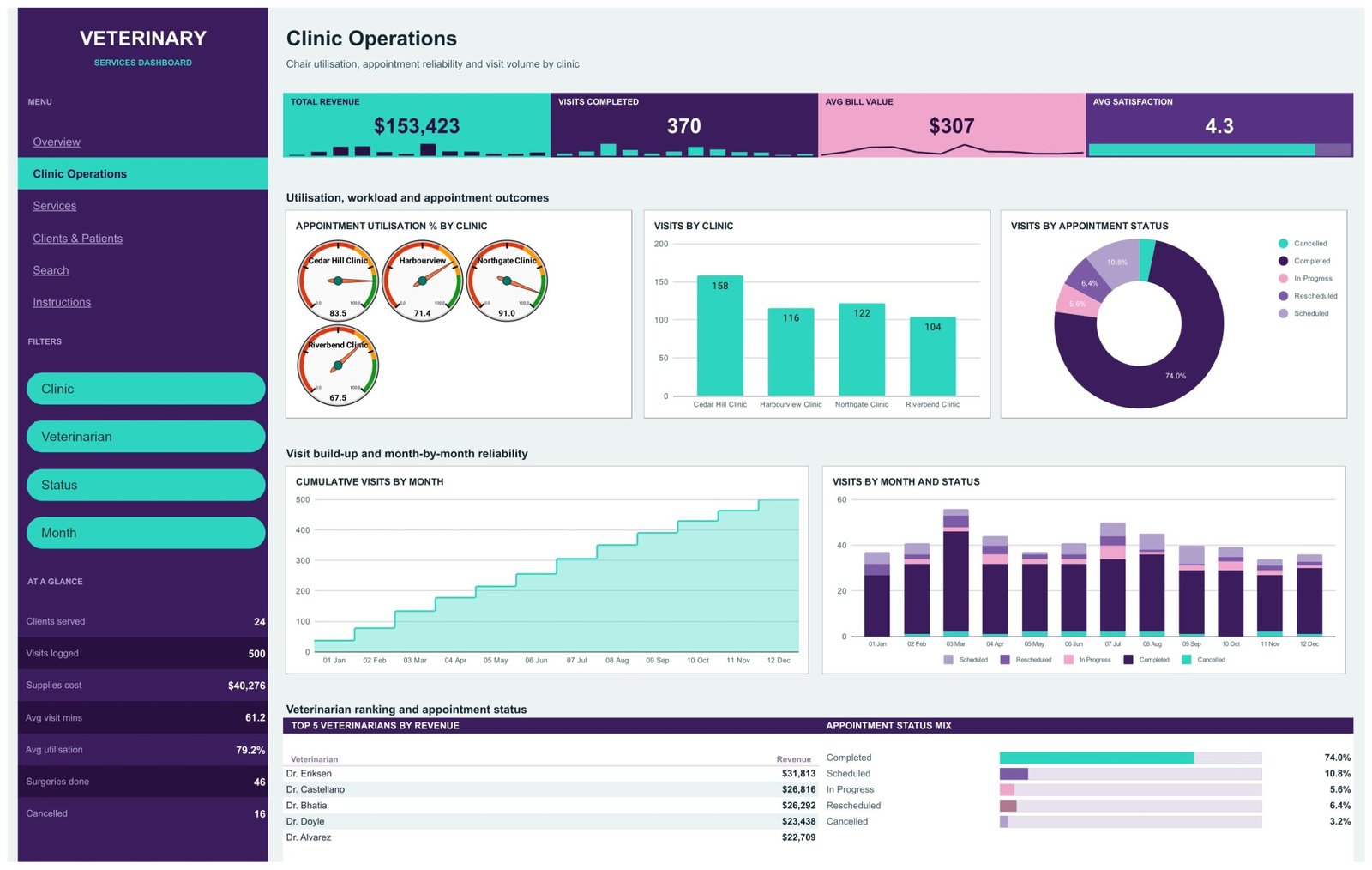 Clinic Operations page with utilisation gauges, visits by clinic and cumulative visit build