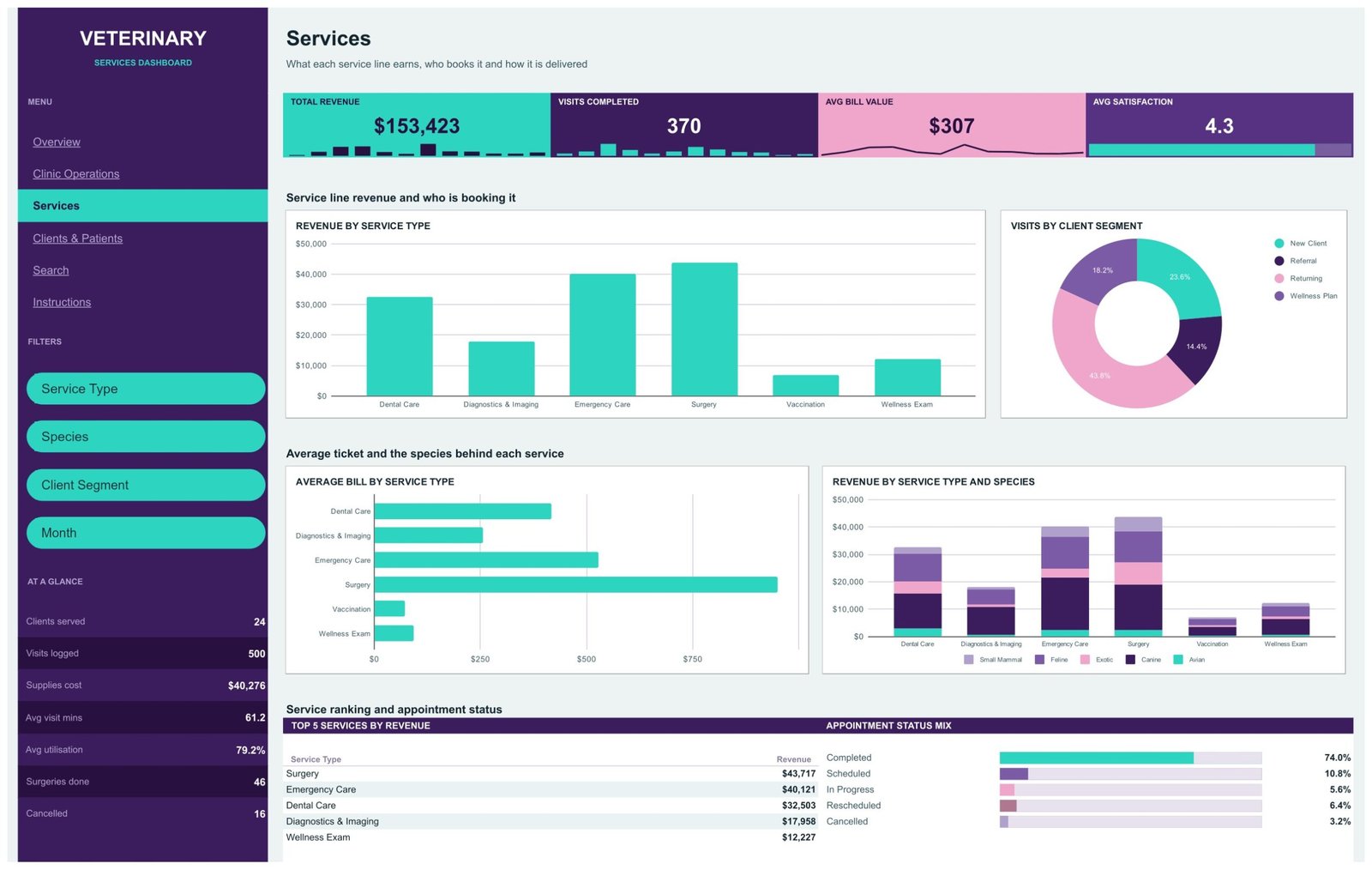 Services page - revenue by service type, client segment mix and average bill