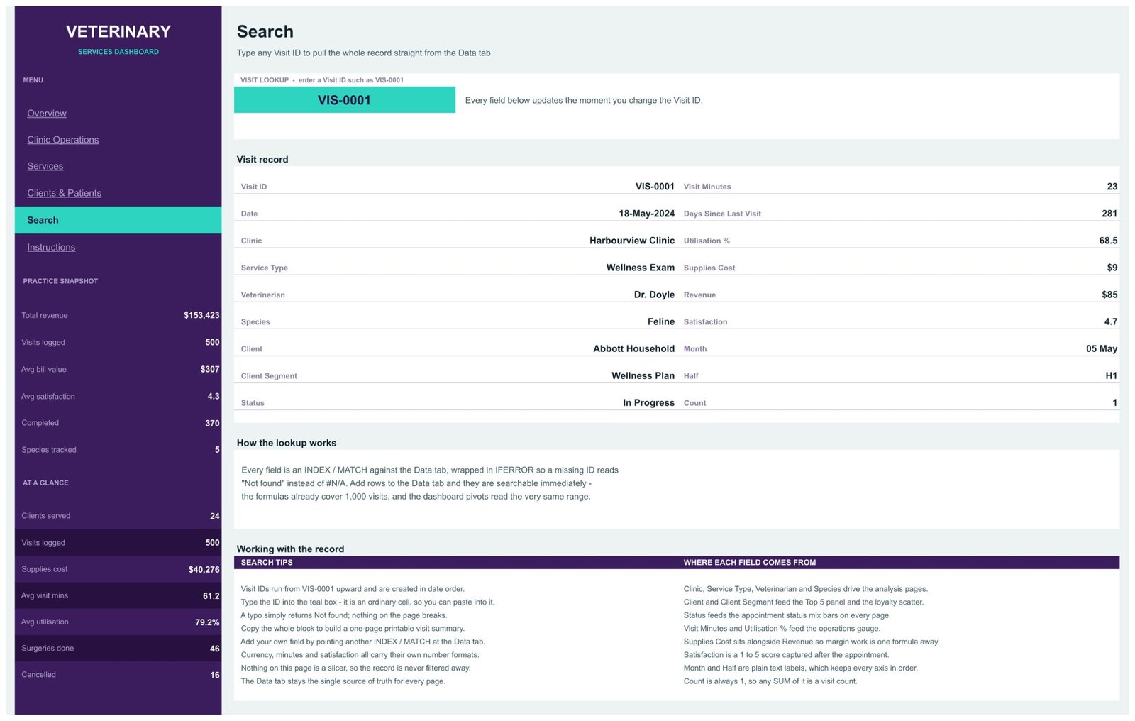 Search page - single visit record pulled by Visit ID