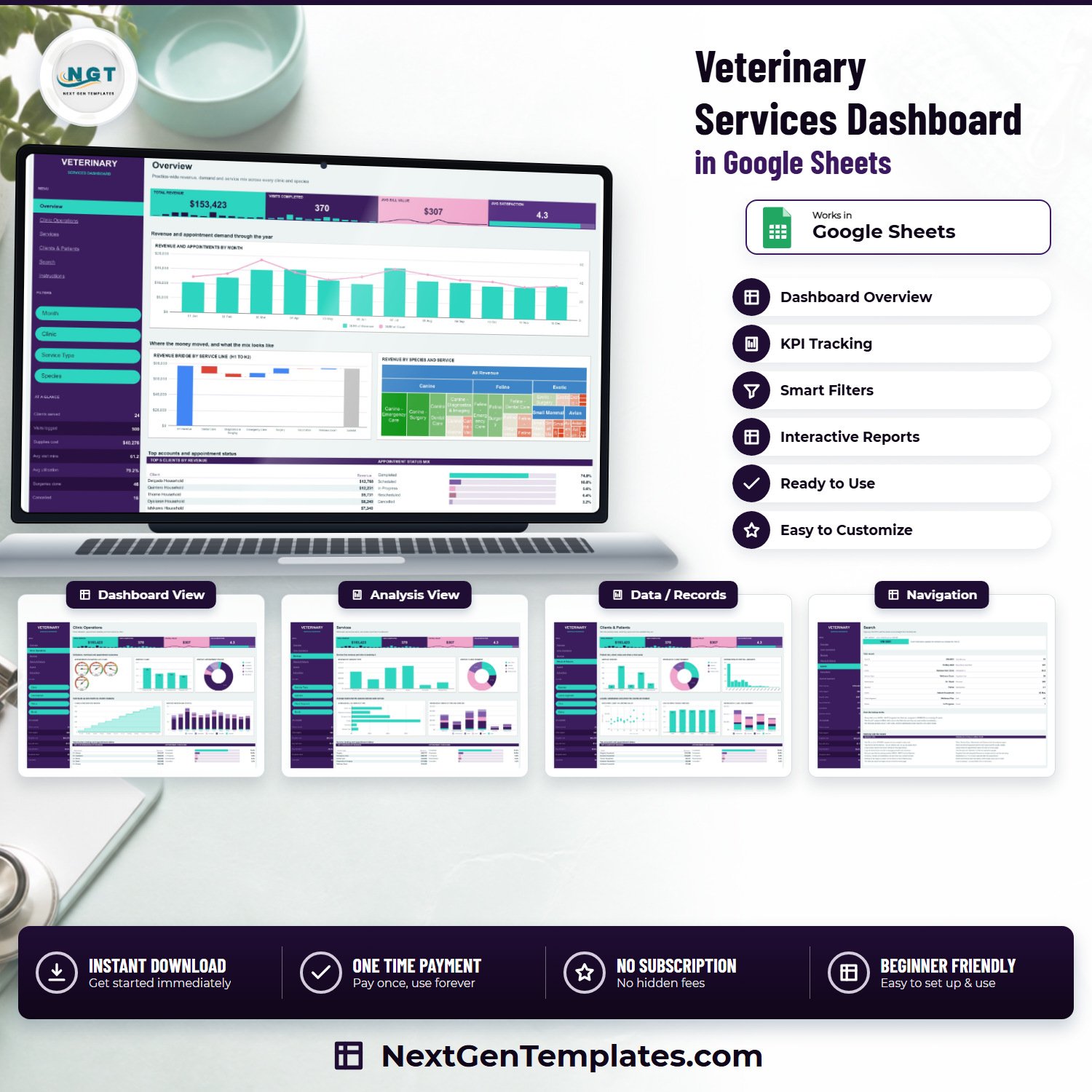 Veterinary Services Dashboard in Google Sheets product cover