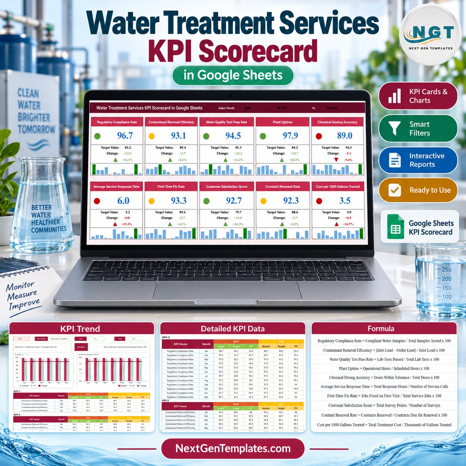 Water Treatment Services KPI Scorecard in Google Sheets