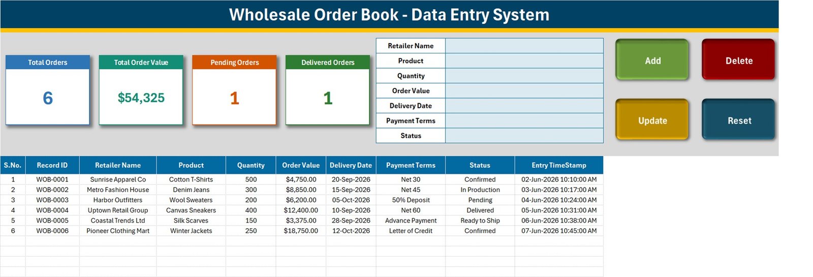 Wholesale order book in Excel - Data Entry sheet with order form and stat cards