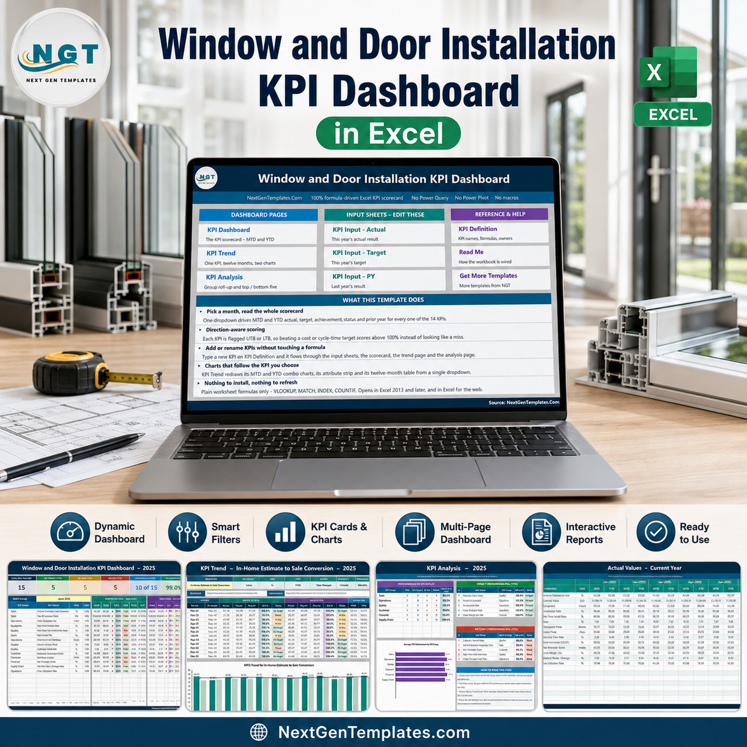 Window and Door Installation KPI Dashboard in Excel product cover showing the workbook on screen with its dashboard, trend, analysis and input pages